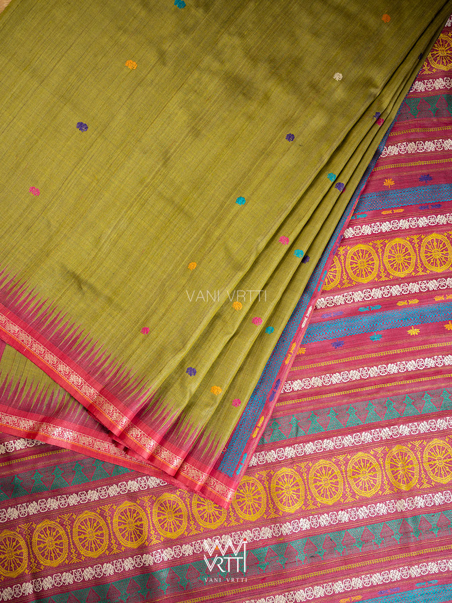 Mehendi Green Magenta  Airavata Konark Double Palla Handspun Tussar Silk Saree