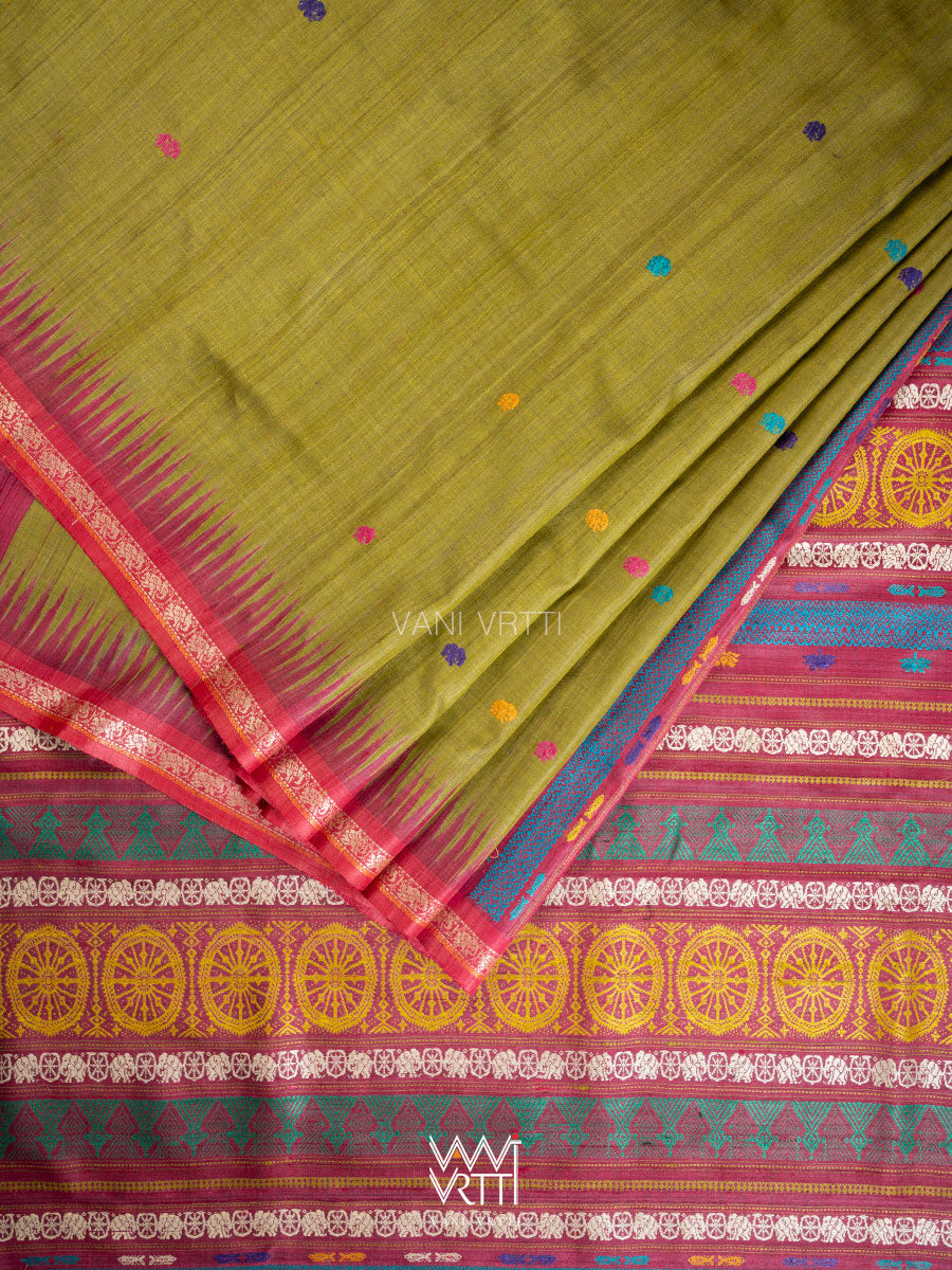 Mehendi Green Magenta  Airavata Konark Double Palla Handspun Tussar Silk Saree