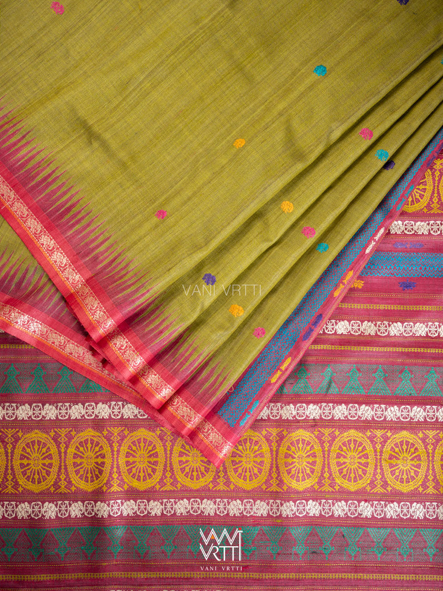 Mehendi Green Magenta  Airavata Konark Double Palla Handspun Tussar Silk Saree