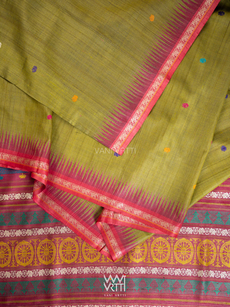 Mehendi Green Magenta  Airavata Konark Double Palla Handspun Tussar Silk Saree
