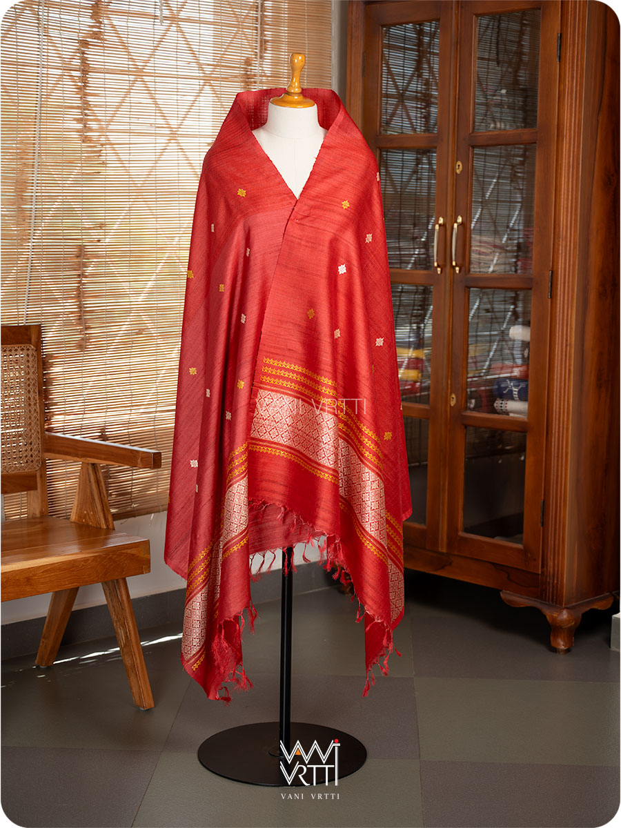 Watermalon Red Dahlia Phool Handspun Tussar Silk Dupatta