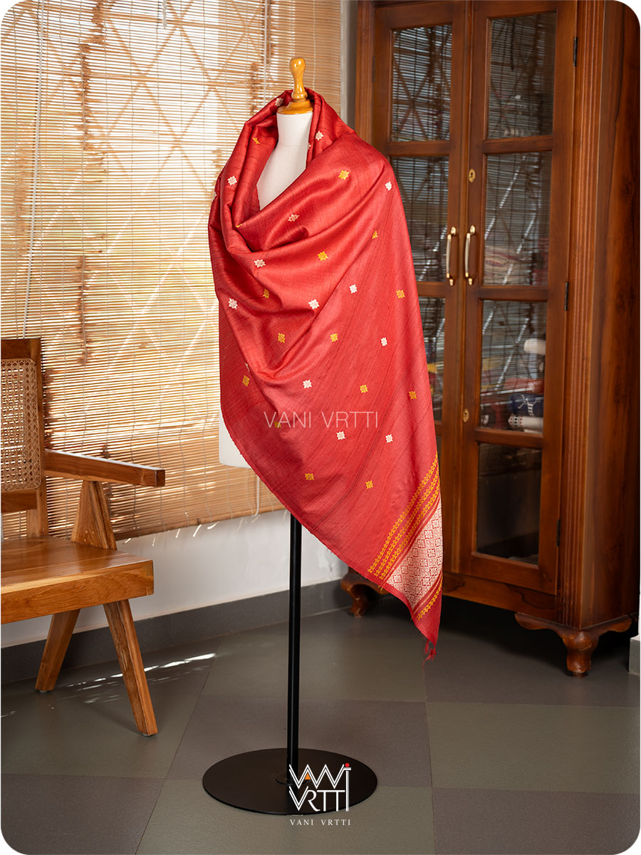 Watermalon Red Dahlia Phool Handspun Tussar Silk Dupatta