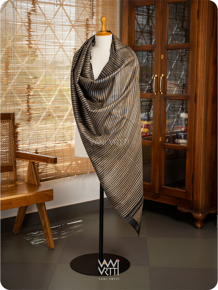 Black Natural Stripe Rekha Ghicha Handspun Tussar Silk Dupatta