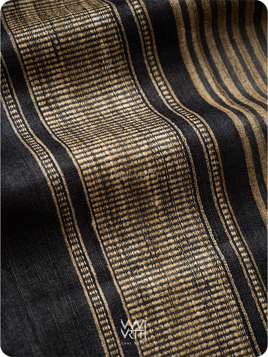 Black Natural Stripe Rekha Ghicha Handspun Tussar Silk Dupatta