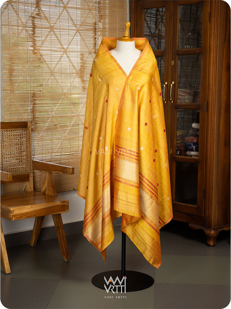 Mango Yellow Dahlia Phool Handspun Tussar Silk Dupatta