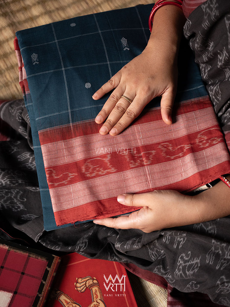 Indigo Blue Madder Matsya Checks Natural Dyed Cotton Ikat Saree