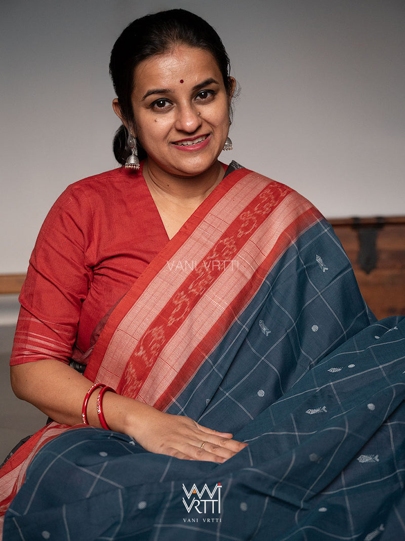 Indigo Blue Madder Matsya Checks Natural Dyed Cotton Ikat Saree