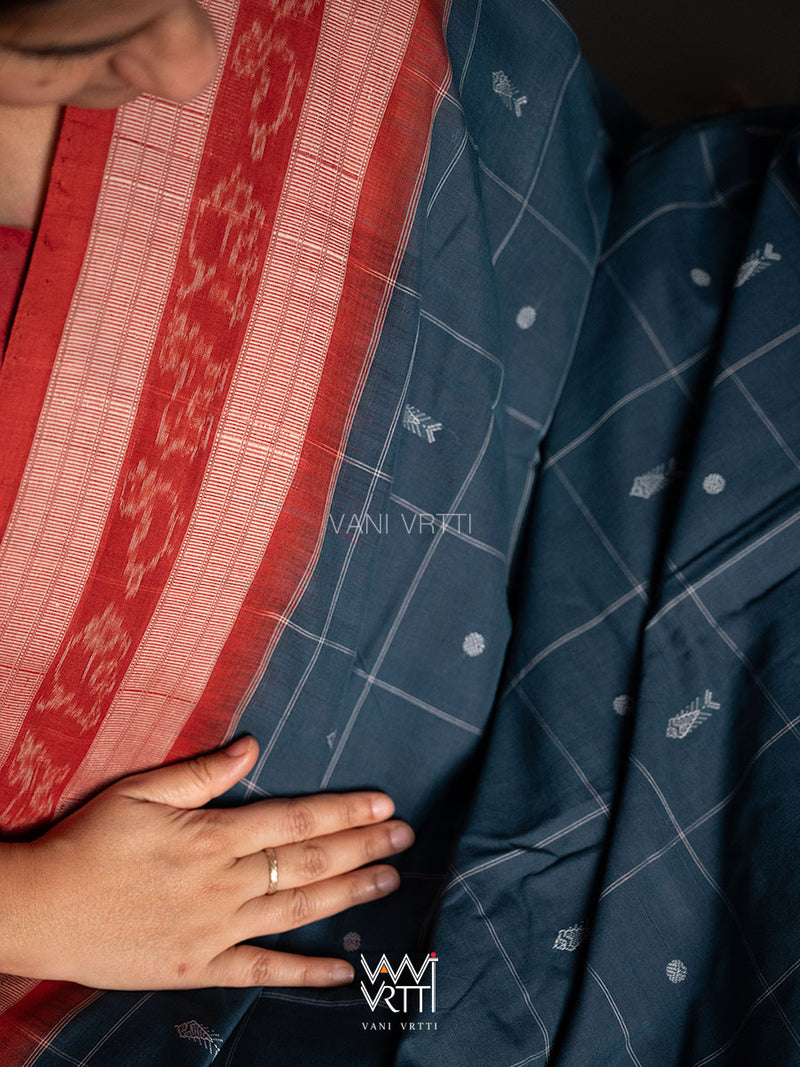 Indigo Blue Madder Matsya Checks Natural Dyed Cotton Ikat Saree