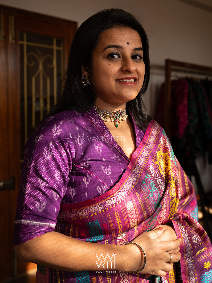 Purple Lotus Bud Collared Cotton Ikat Blouse