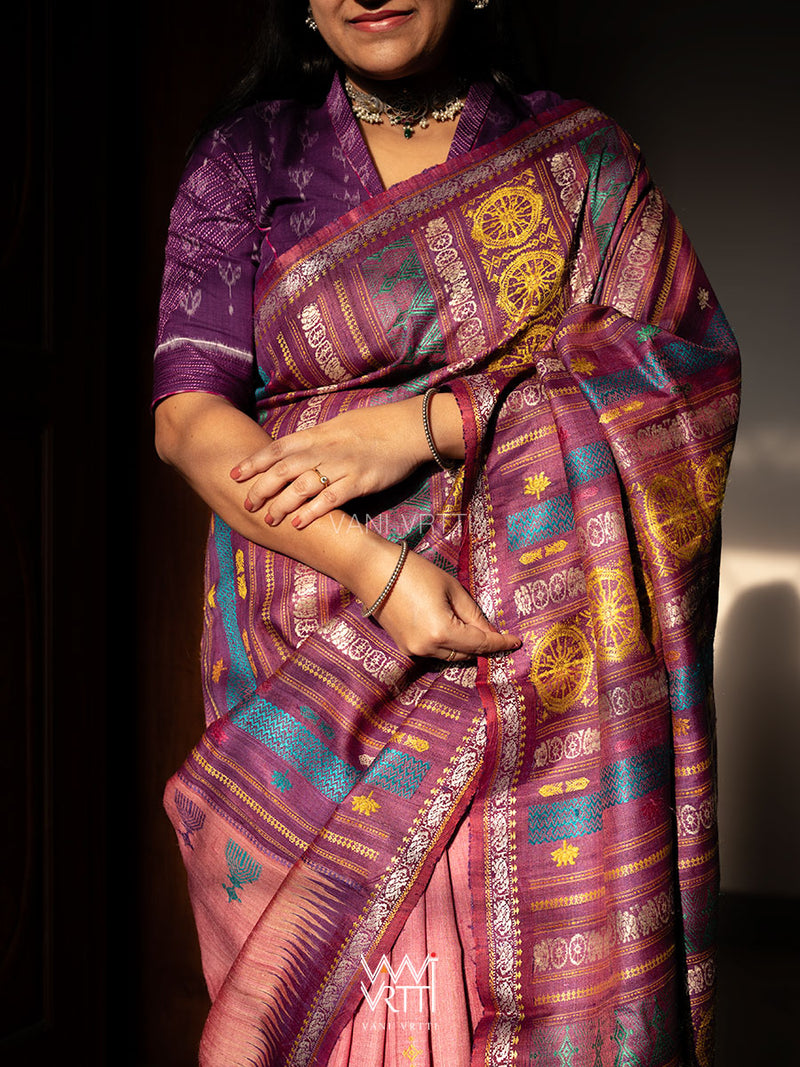 Rose Pink Purple Airavata Konark Double Palla Handspun Tussar Silk Saree