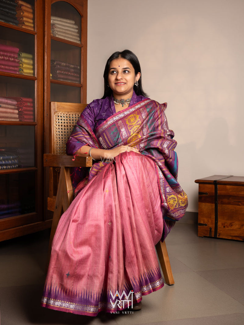 Rose Pink Purple Airavata Konark Double Palla Handspun Tussar Silk Saree