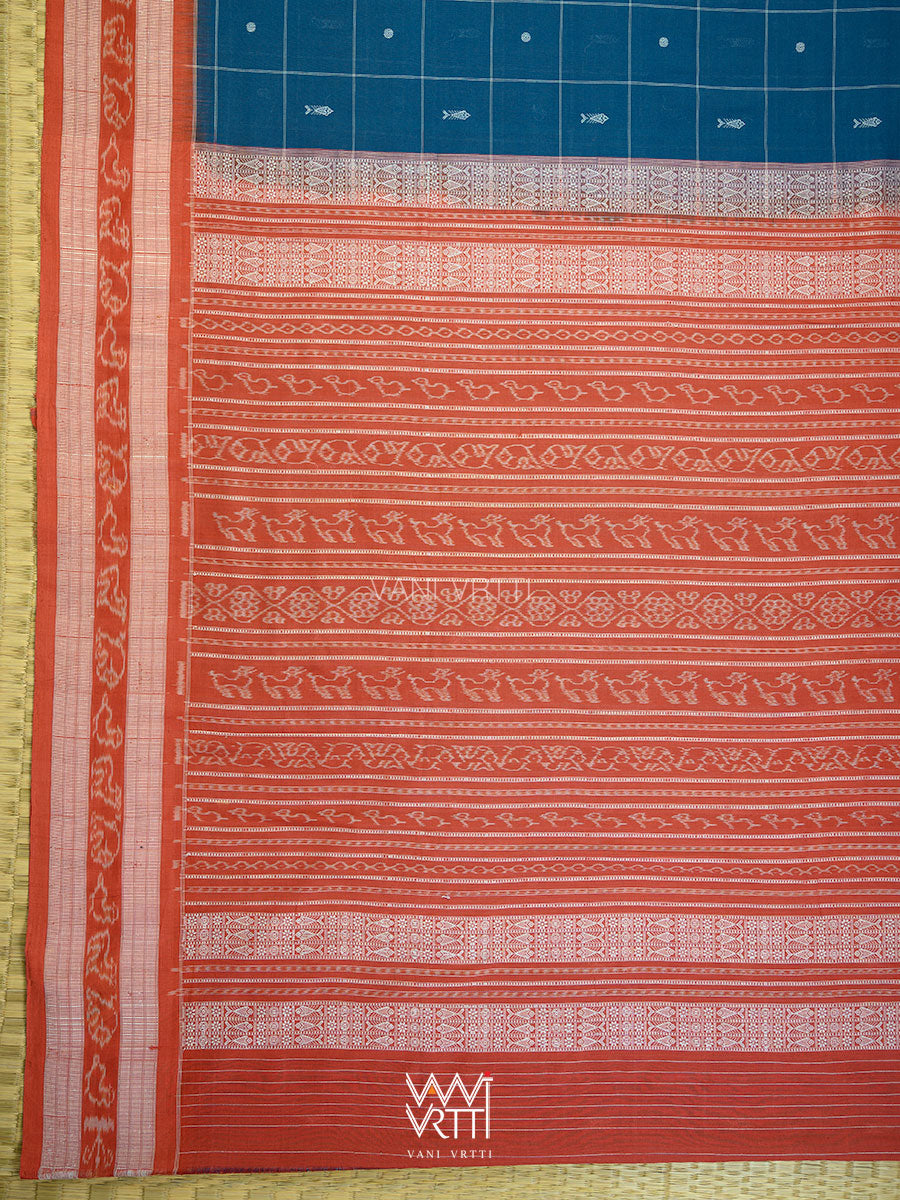 Indigo Blue Madder Matsya Checks Natural Dyed Cotton Ikat Saree
