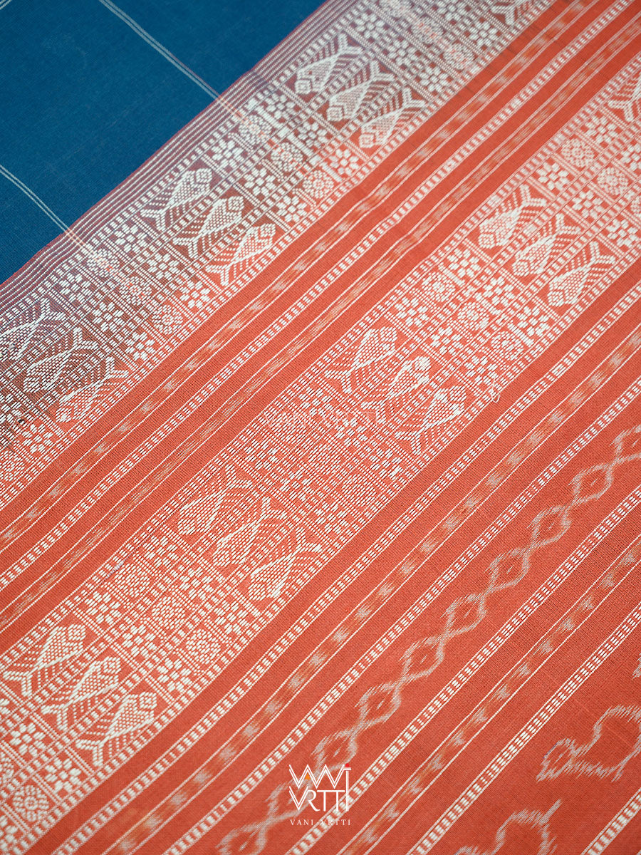 Indigo Blue Madder Matsya Checks Natural Dyed Cotton Ikat Saree