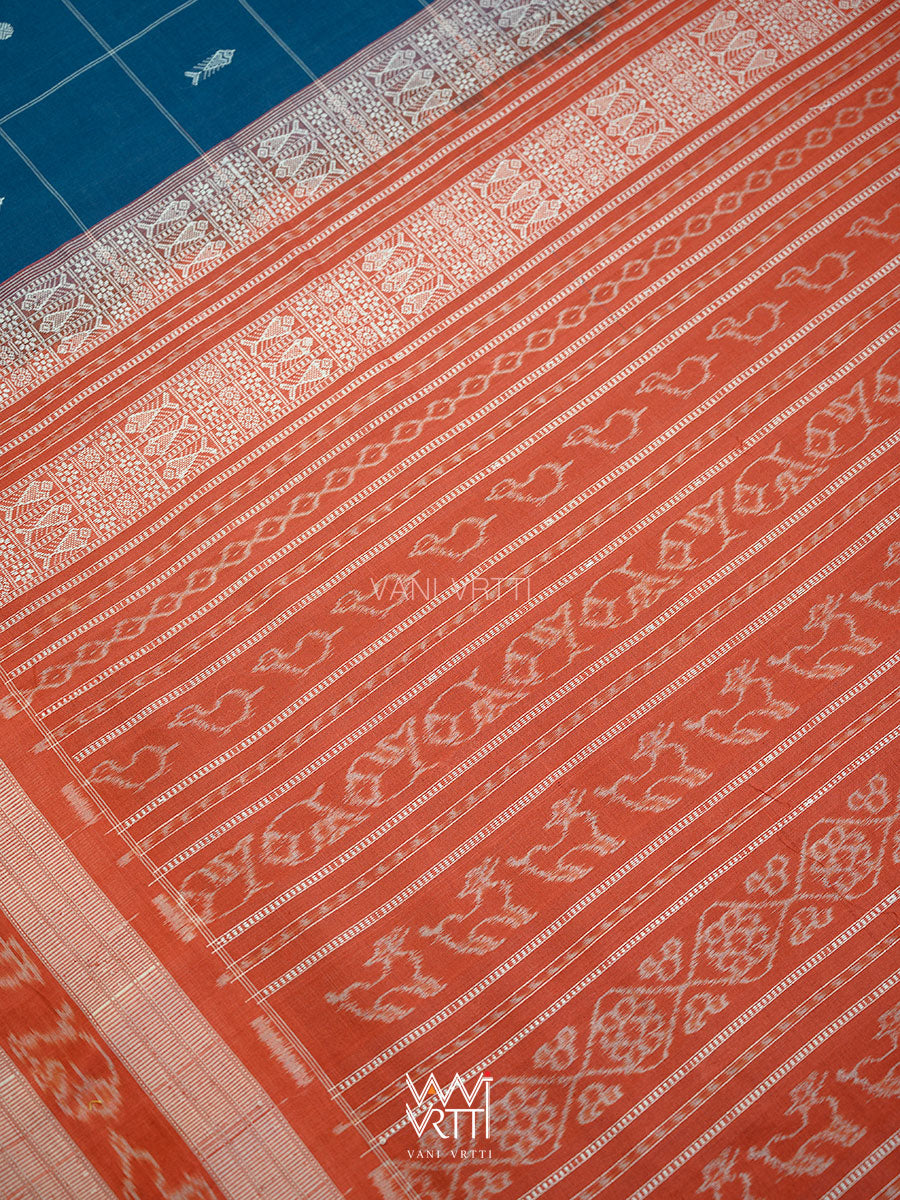 Indigo Blue Madder Matsya Checks Natural Dyed Cotton Ikat Saree