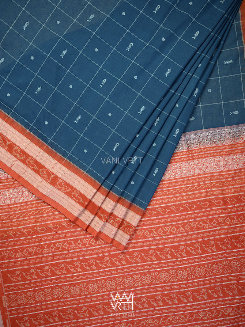 Indigo Blue Madder Matsya Checks Natural Dyed Cotton Ikat Saree
