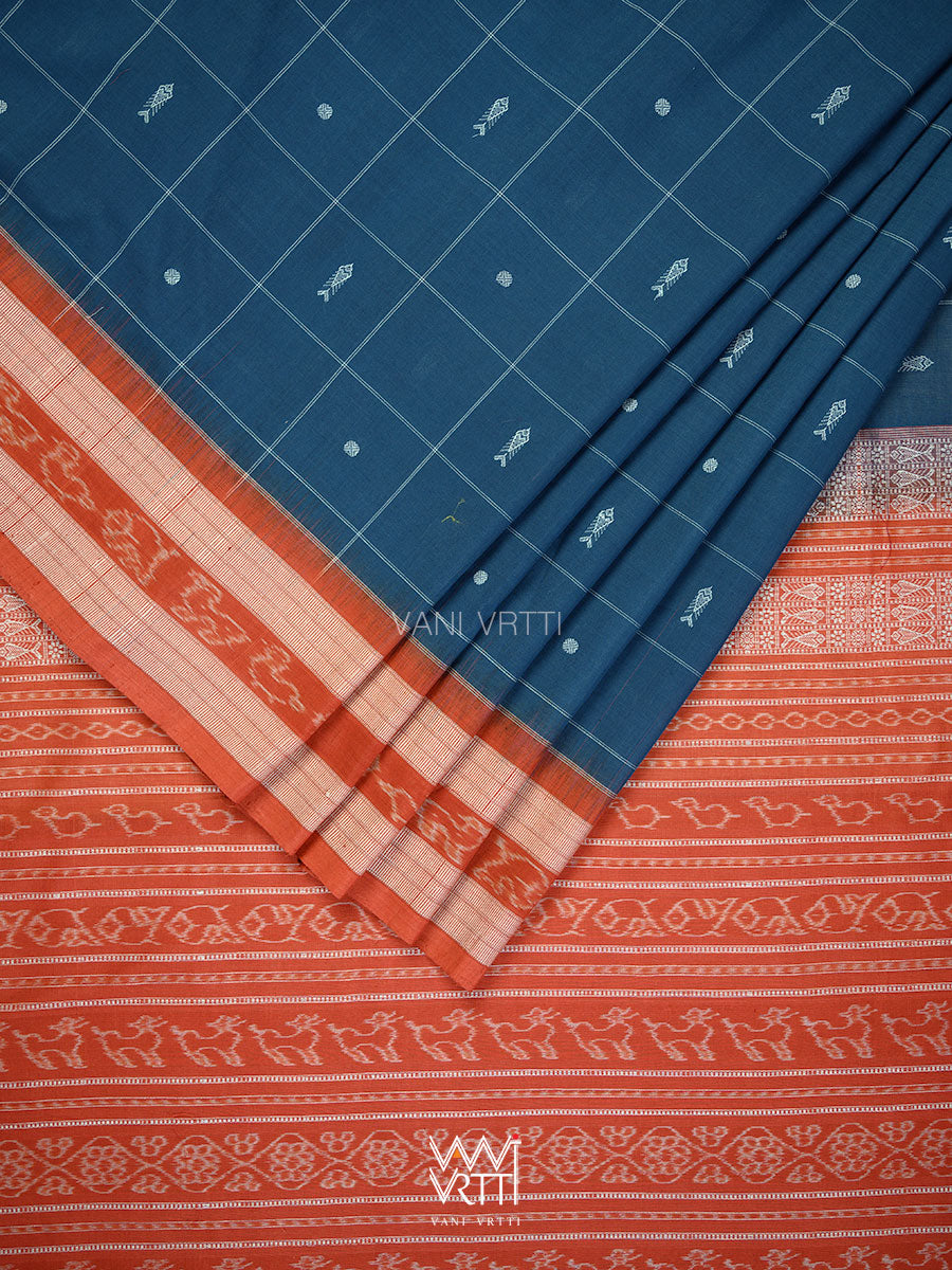 Indigo Blue Madder Matsya Checks Natural Dyed Cotton Ikat Saree