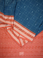 Indigo Blue Madder Matsya Checks Natural Dyed Cotton Ikat Saree