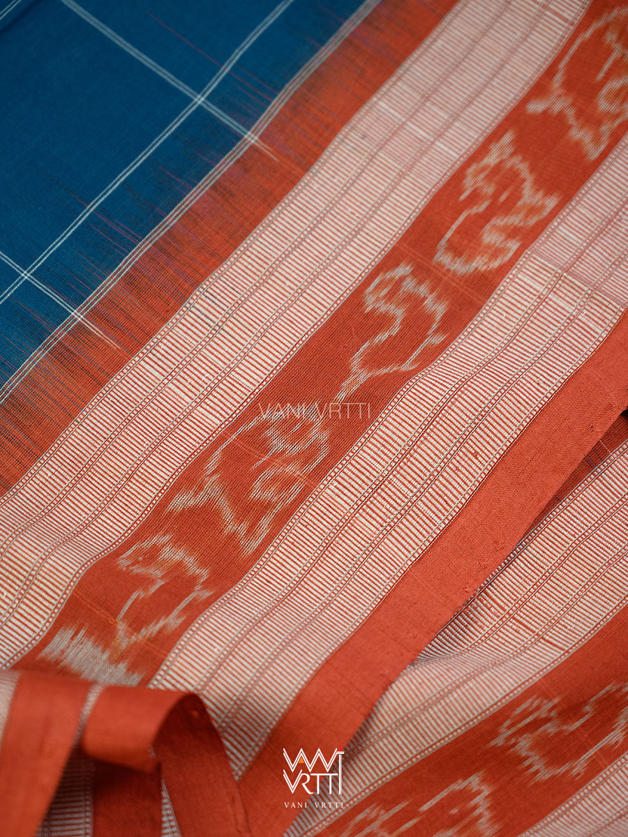Indigo Blue Madder Matsya Checks Natural Dyed Cotton Ikat Saree