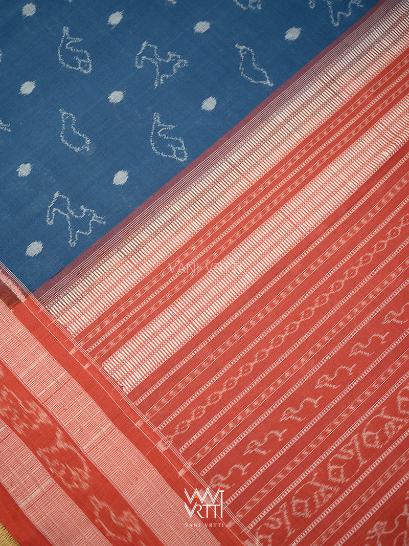 Indigo Blue Red Hiran Sunaya  Natural Dyed Cotton Ikat Saree