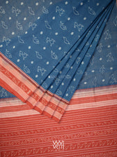 Indigo Blue Red Hiran Sunaya  Natural Dyed Cotton Ikat Saree