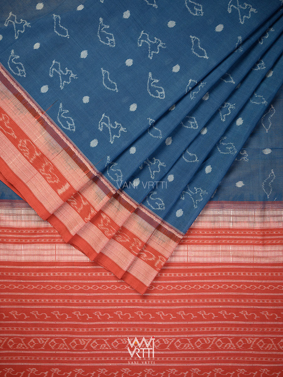 Indigo Blue Red Hiran Sunaya  Natural Dyed Cotton Ikat Saree