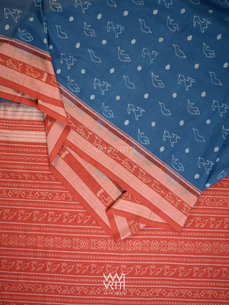 Indigo Blue Red Hiran Sunaya  Natural Dyed Cotton Ikat Saree