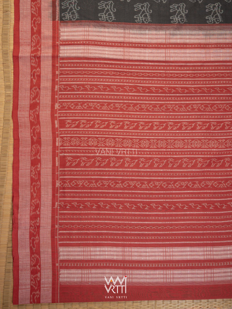 Black Red Lion Natural Dyed Cotton Ikat Saree