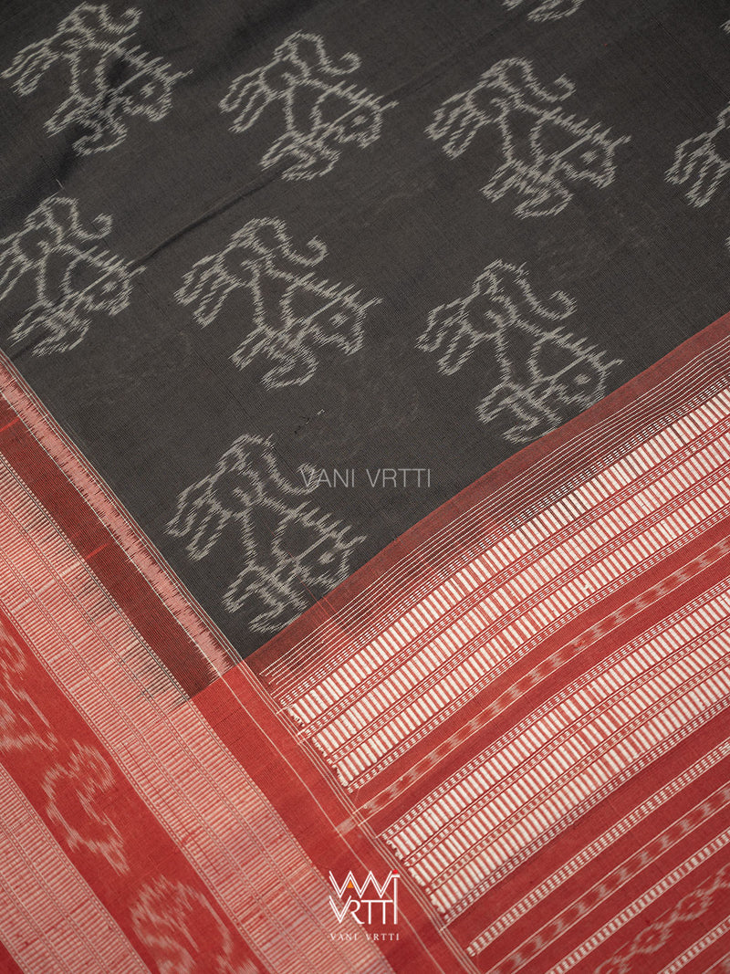 Black Red Lion Natural Dyed Cotton Ikat Saree