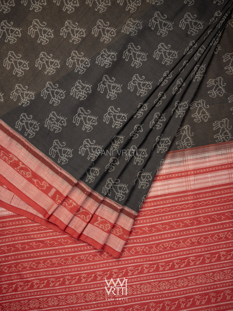 Black Red Lion Natural Dyed Cotton Ikat Saree