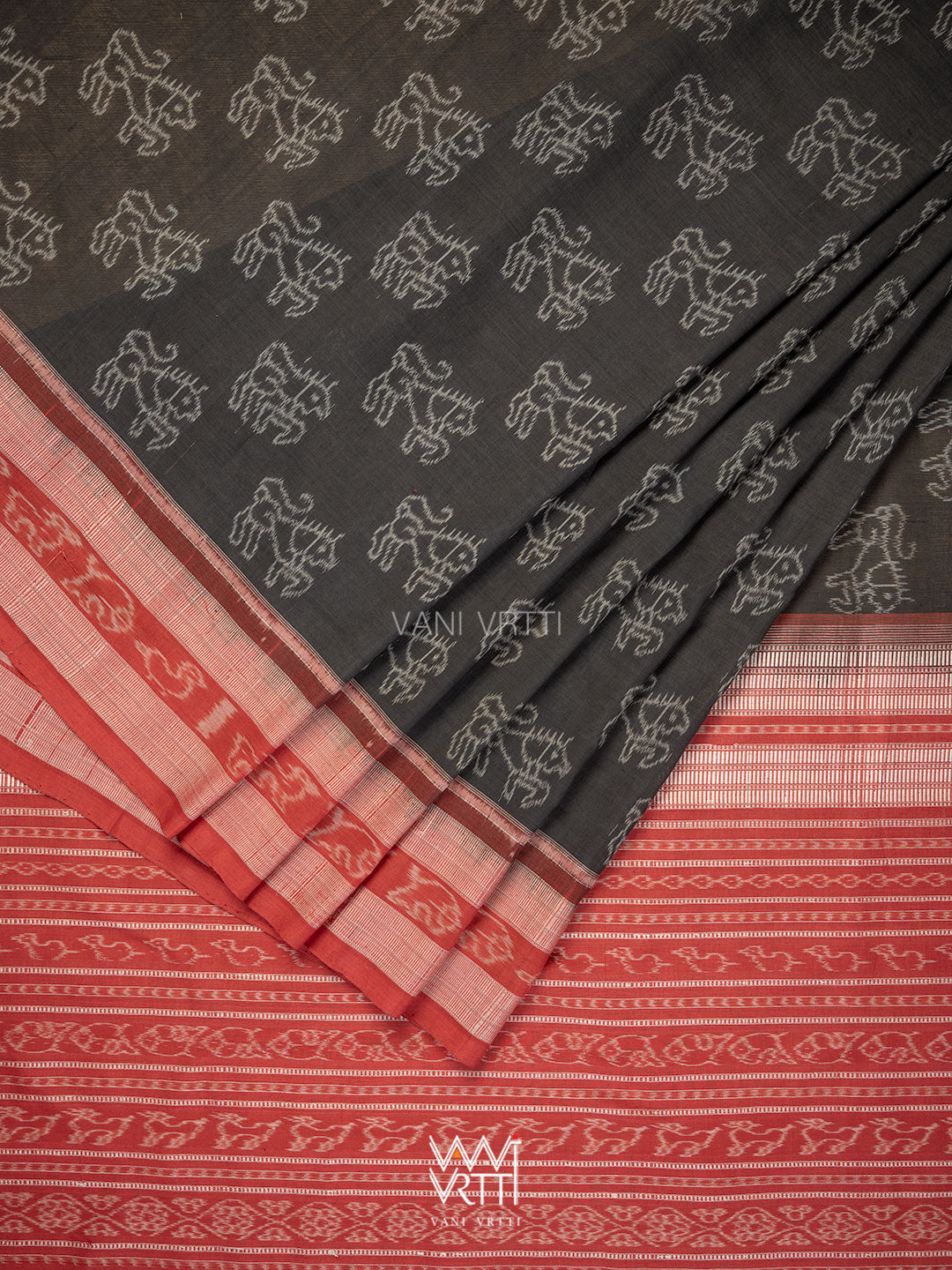 Black Red Lion Natural Dyed Cotton Ikat Saree