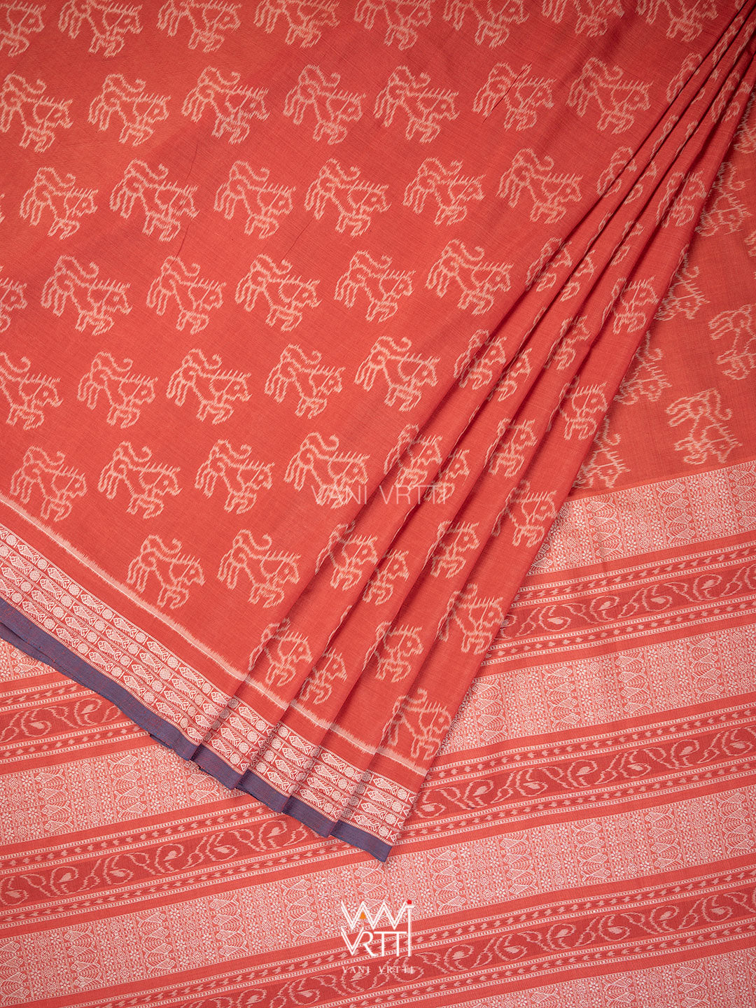 Manjistha Red Singha Lion Natural Dyed Cotton Ikat Saree