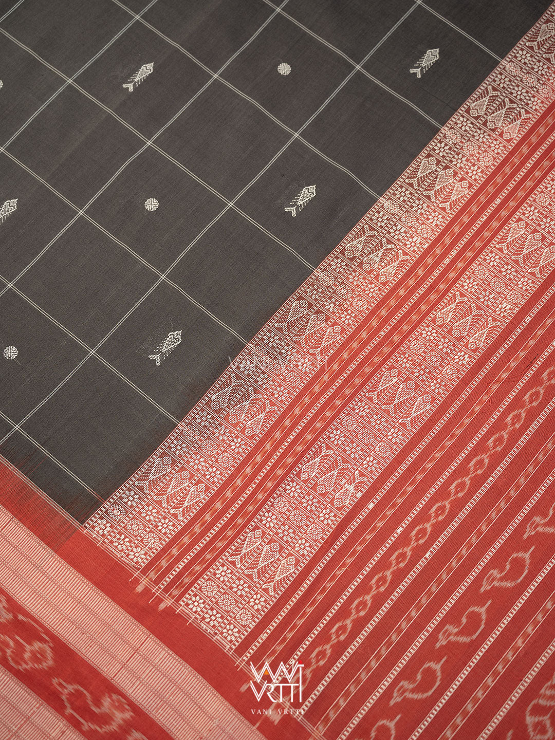 Black Madder Matsya Checks Natural Dyed Cotton Ikat Saree