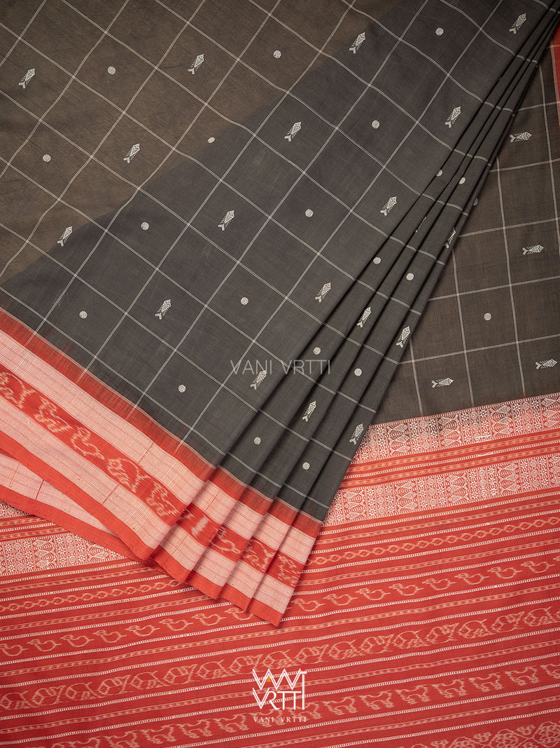 Black Madder Matsya Checks Natural Dyed Cotton Ikat Saree