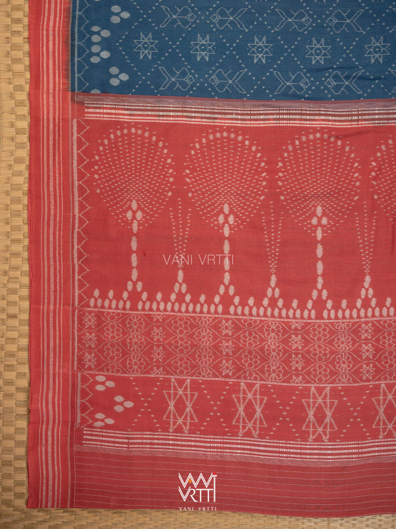 Indigo Blue Red Jotai Natural Dyed Cotton Ikat Saree