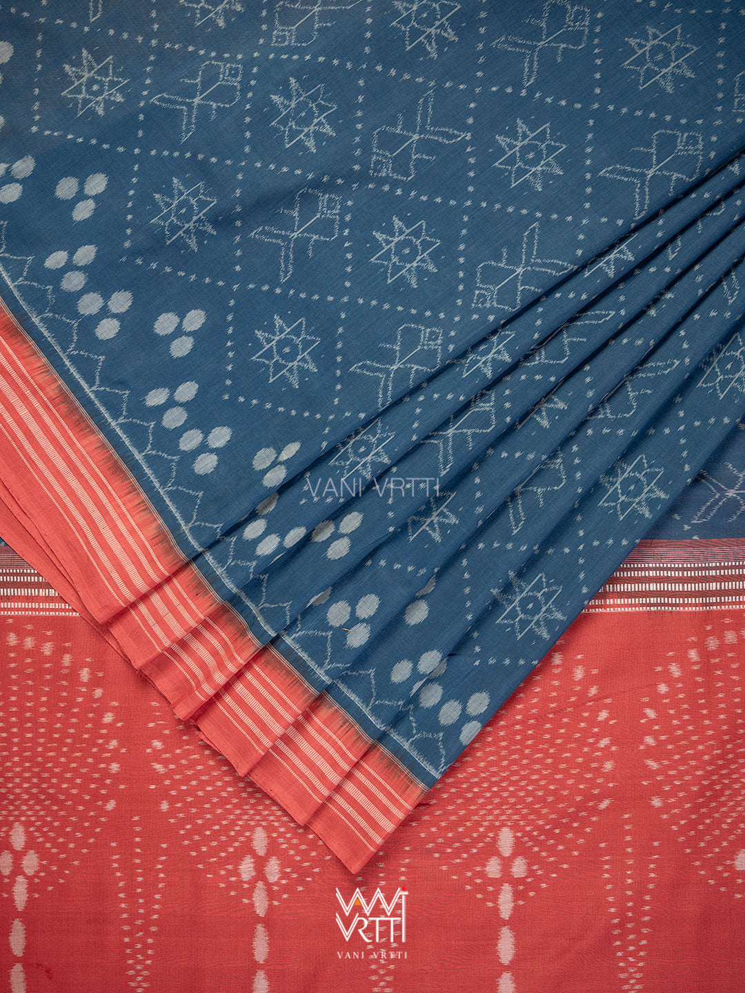Indigo Blue Red Jotai Natural Dyed Cotton Ikat Saree