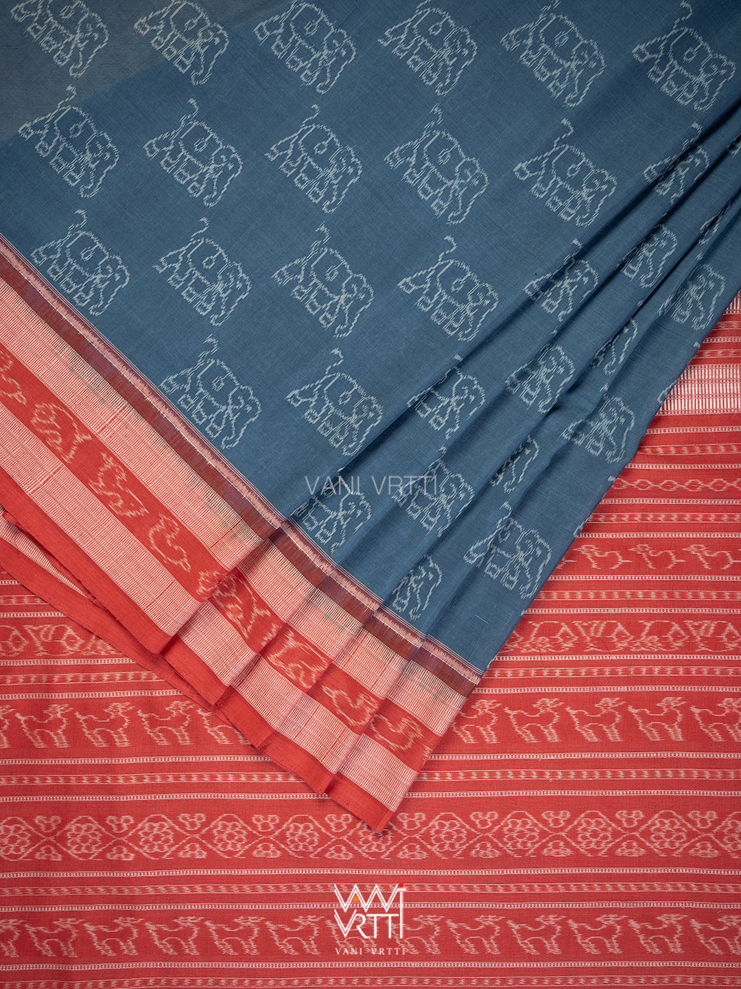 Indigo Blue Madder Hathi Natural Dyed Cotton Ikat Saree