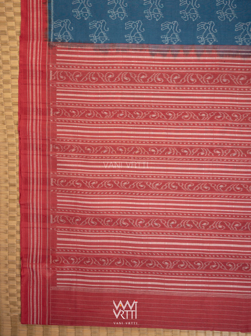Indigo Blue Red Lion Natural Dyed Cotton Ikat Saree