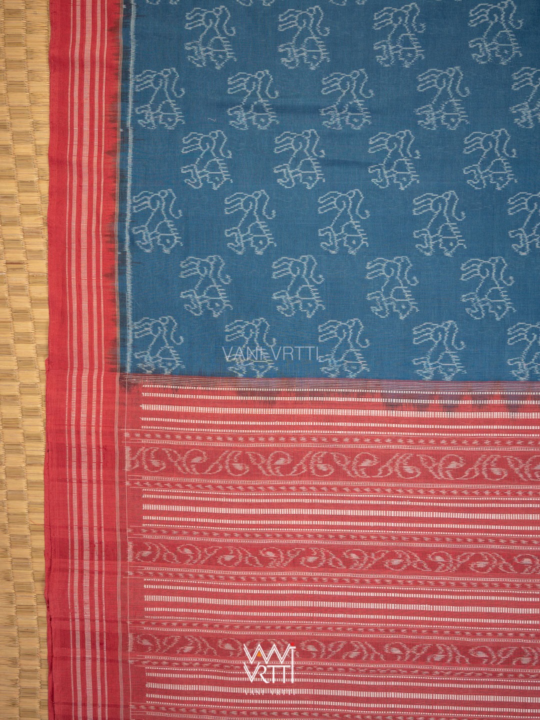Indigo Blue Red Lion Natural Dyed Cotton Ikat Saree