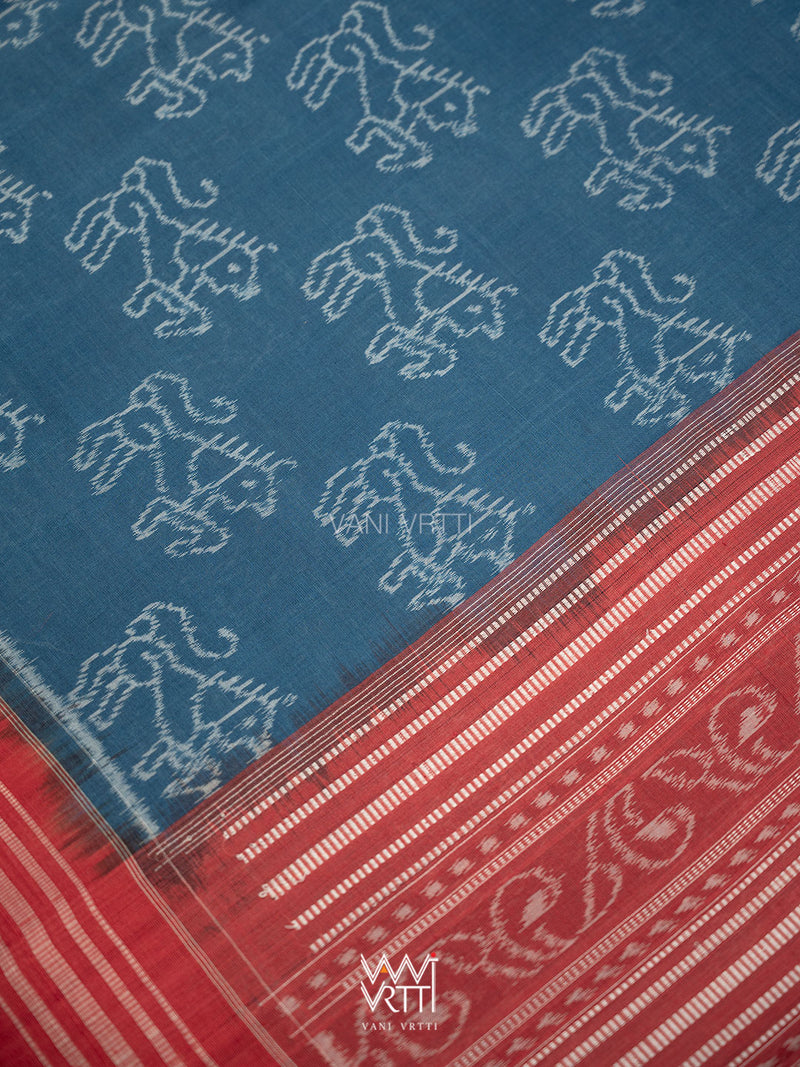 Indigo Blue Red Lion Natural Dyed Cotton Ikat Saree