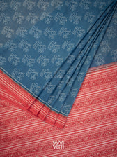Indigo Blue Red Lion Natural Dyed Cotton Ikat Saree