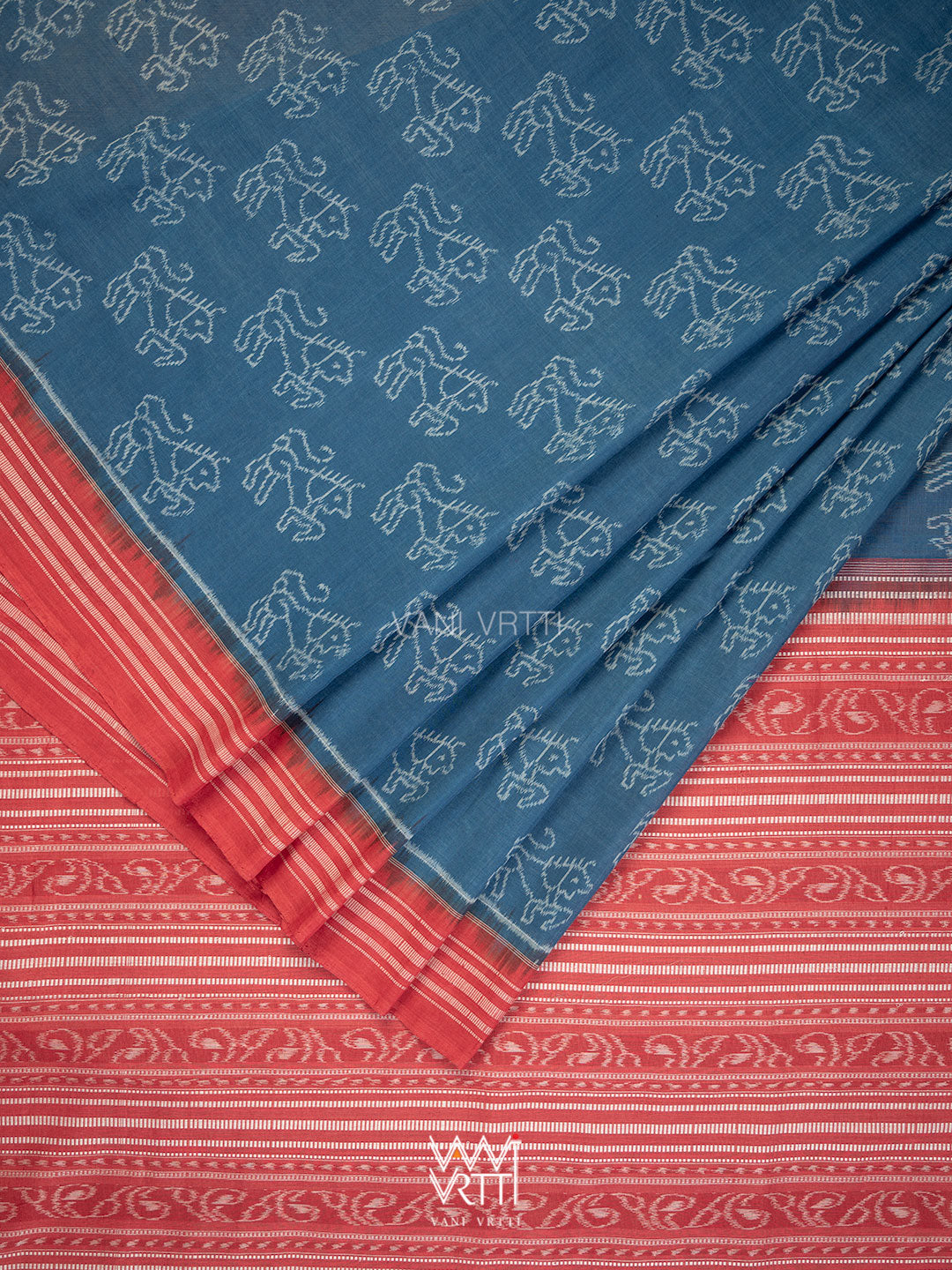 Indigo Blue Red Lion Natural Dyed Cotton Ikat Saree