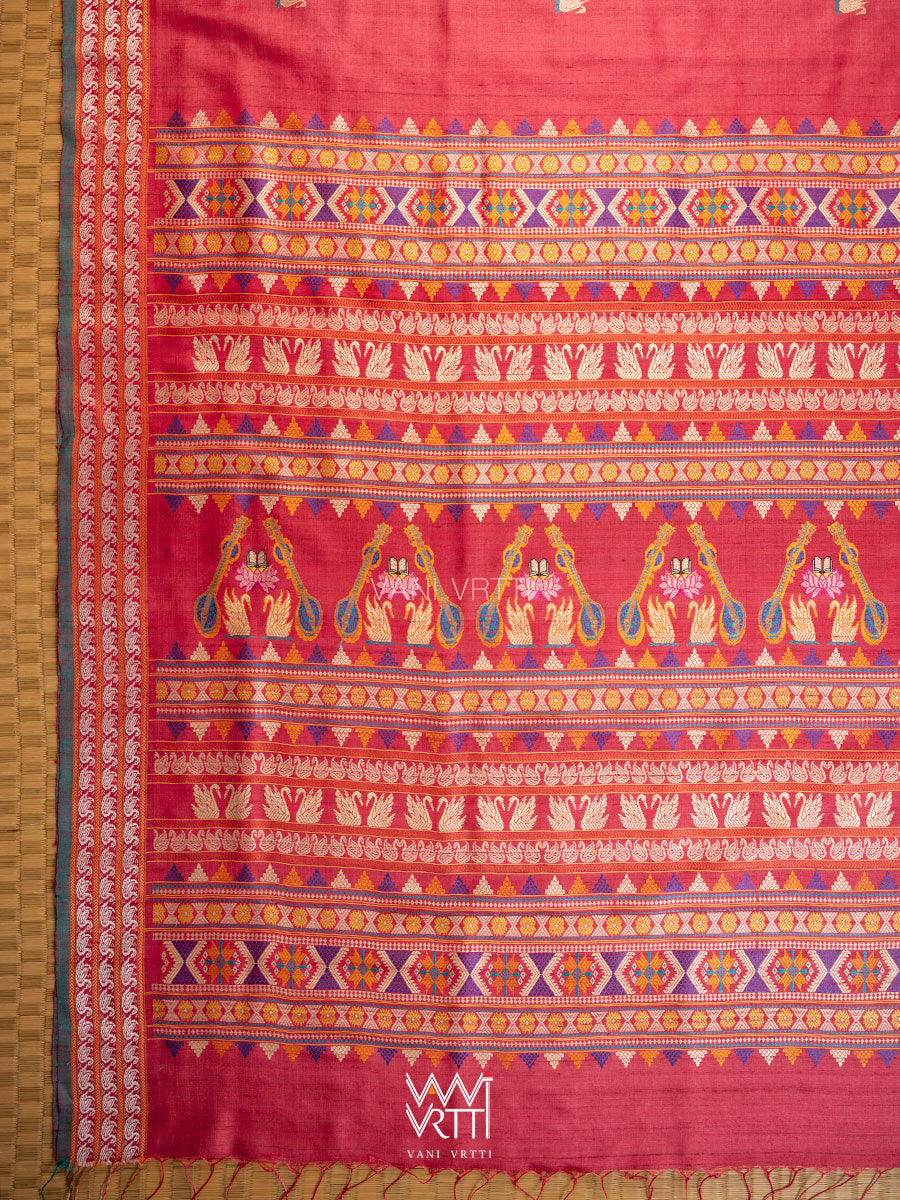 Watermelon Red Veena Pani Lata Master Weave Exclusive Handspun Tussar Silk Saree