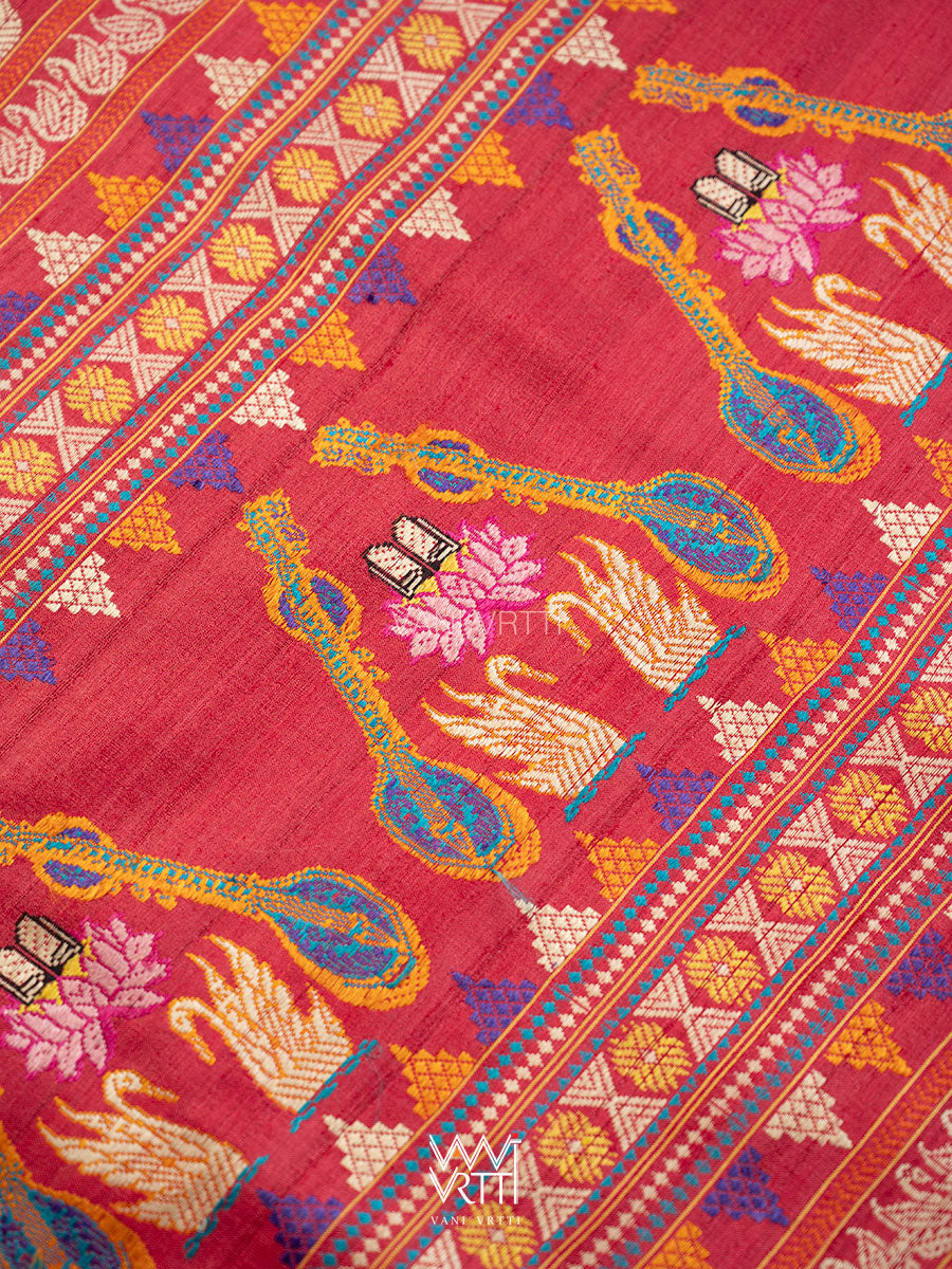 Watermelon Red Veena Pani Lata Master Weave Exclusive Handspun Tussar Silk Saree