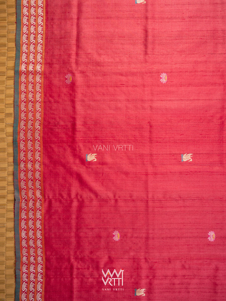 Watermelon Red Veena Pani Lata Master Weave Exclusive Handspun Tussar Silk Saree