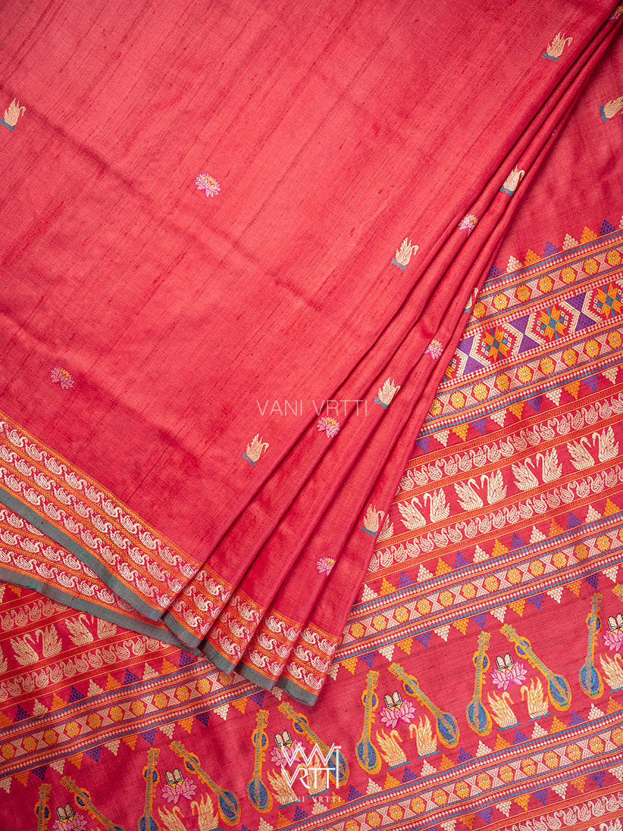 Watermelon Red Veena Pani Lata Master Weave Exclusive Handspun Tussar Silk Saree