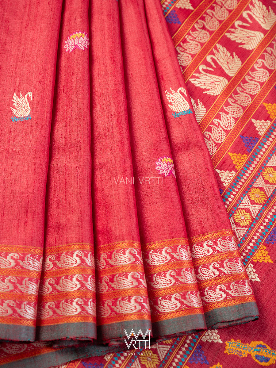 Watermelon Red Veena Pani Lata Master Weave Exclusive Handspun Tussar Silk Saree