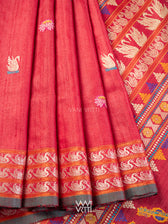Watermelon Red Veena Pani Lata Master Weave Exclusive Handspun Tussar Silk Saree