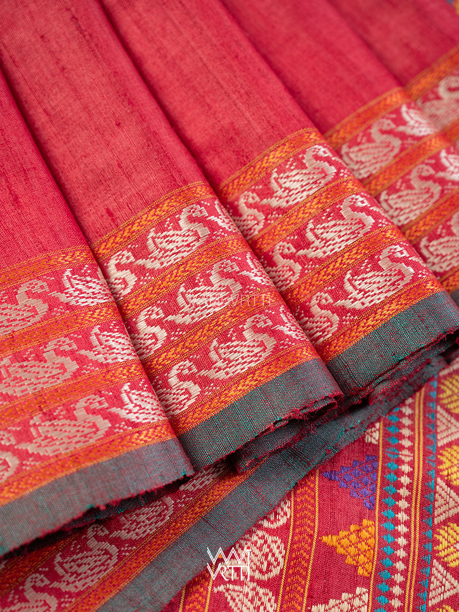 Watermelon Red Veena Pani Lata Master Weave Exclusive Handspun Tussar Silk Saree