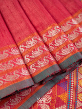 Watermelon Red Veena Pani Lata Master Weave Exclusive Handspun Tussar Silk Saree