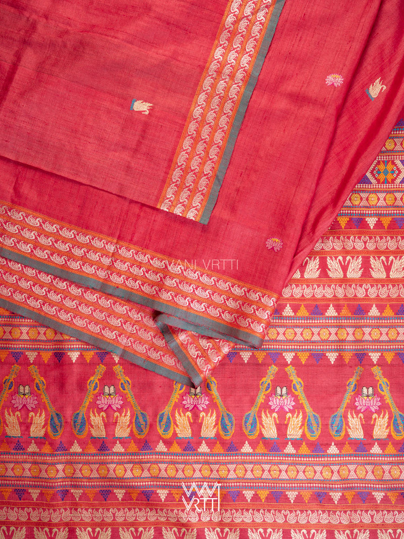 Watermelon Red Veena Pani Lata Master Weave Exclusive Handspun Tussar Silk Saree